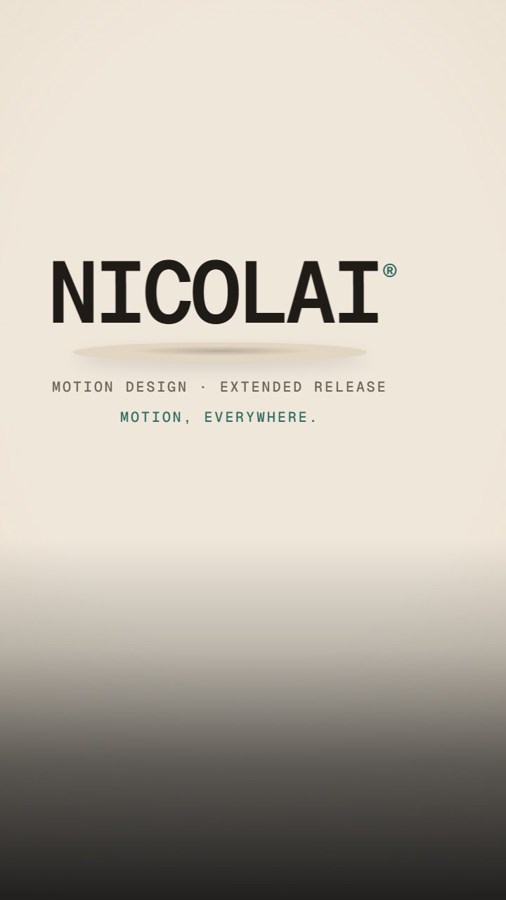 A soft-lit lifestyle-ad parody: Nicolai on a park bench with coffee, then standing on a rotating product pedestal under the line "Motion, everywhere."