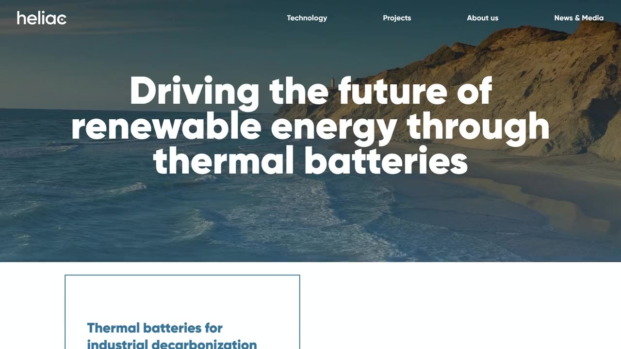 Heliac's desktop website: "Driving the future of renewable energy through thermal batteries" over a Danish coastline.