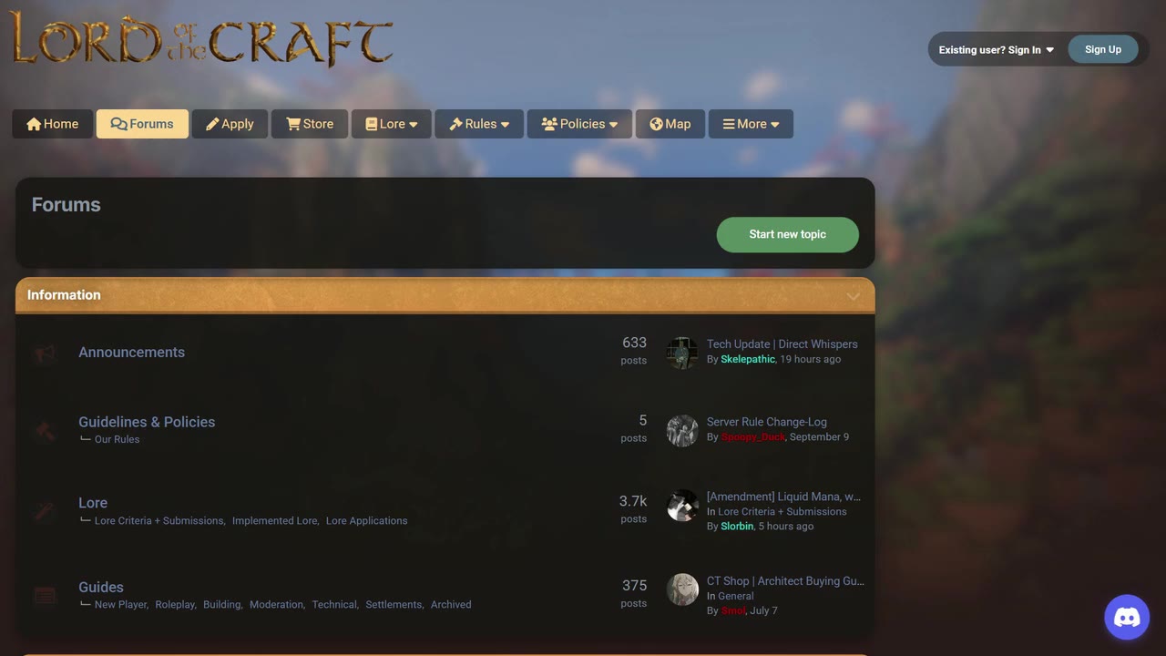 Lord of the Craft's forums on desktop: the gilded logotype over a painted fantasy landscape and bronze navigation tabs.