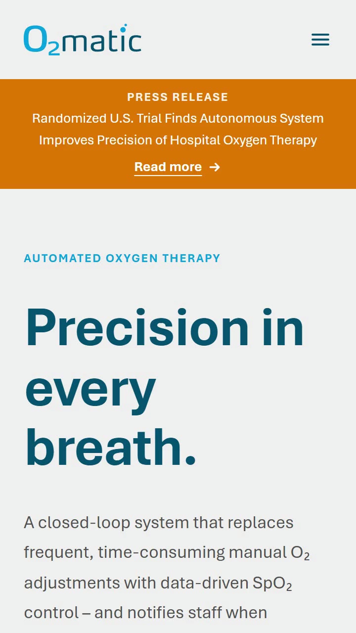 O2matic's mobile website scrolling: the headline "Precision in every breath." in deep teal on pale grey, then a close-up of the device's screen and the sections below.