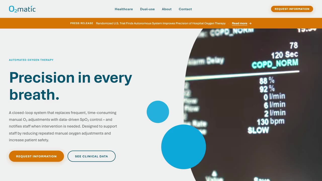 O2matic's desktop website: "Precision in every breath." beside a round crop of the oxygen device's display.