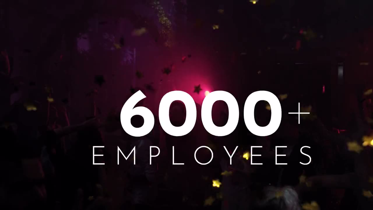 Widescreen film for Rekom: a packed nightclub under confetti and lights while thin white numerals count employees per country (United Kingdom, Norway) up to "6000+ employees".