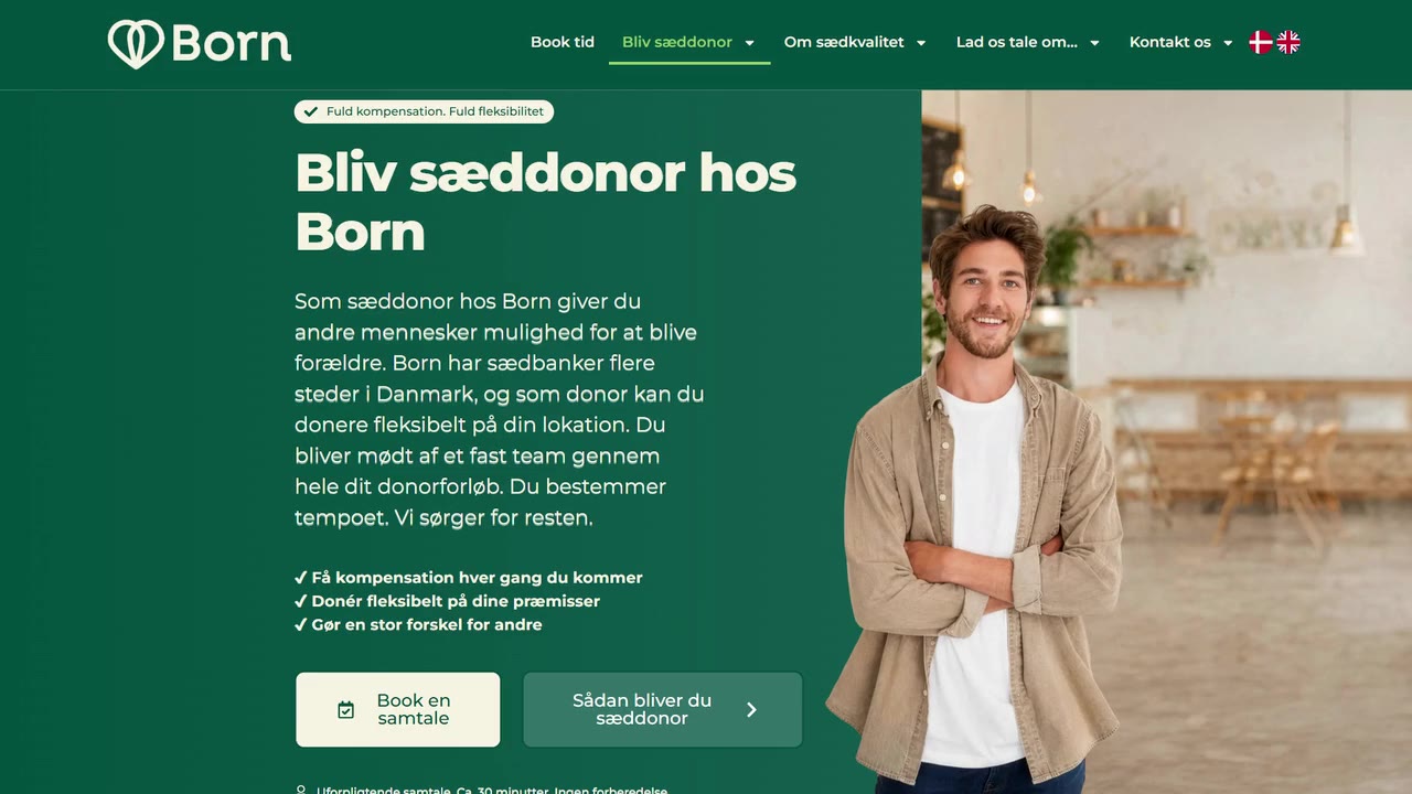 Born's desktop website: "Bliv sæddonor hos Born" in white on deep green beside a photo of a smiling young man.