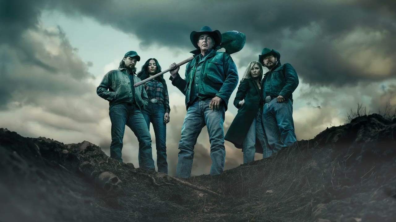Widescreen animated key art: the Dutton family stands on a dark ridge over an open grave, one holding a shovel, while storm clouds roll slowly across the sky behind them.