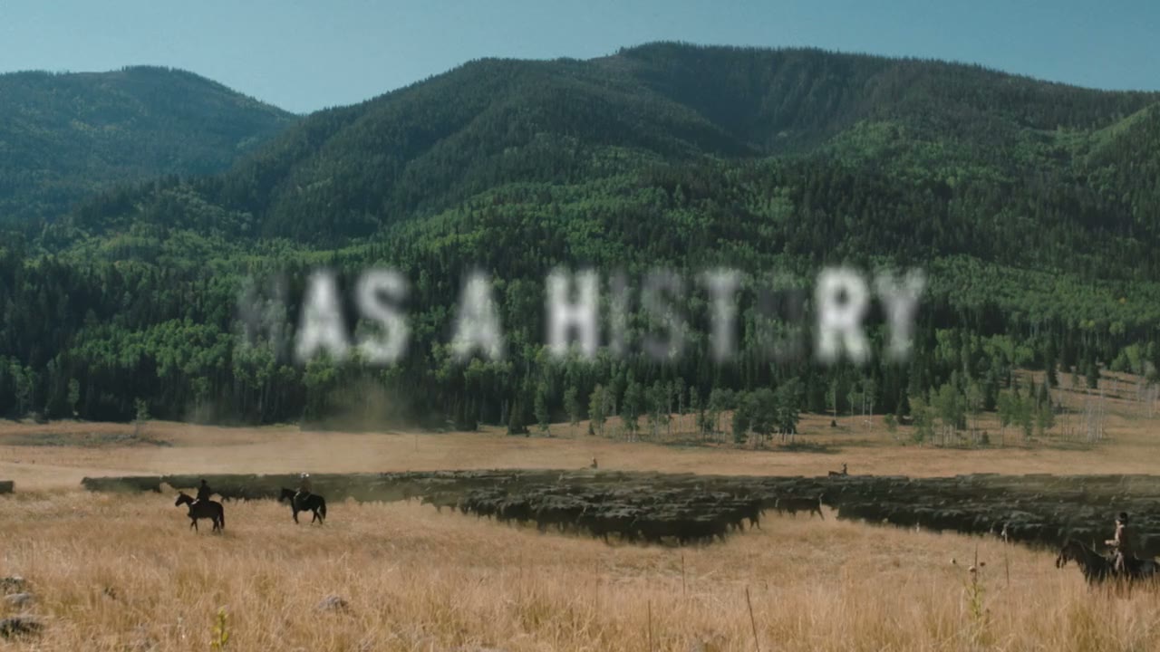 Widescreen spot for the Yellowstone saga on SkyShowtime: ranch landscapes and close-ups of the Dutton family with subtitled dialogue, and the line "Every family has a history" set in large condensed type over a valley of riders.